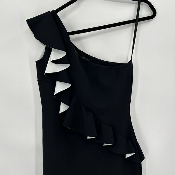 CHIARA BONI Black White One Shoulder Ruffle Mini Formal Cocktail Dress Size 44 - Picture 3 of 6